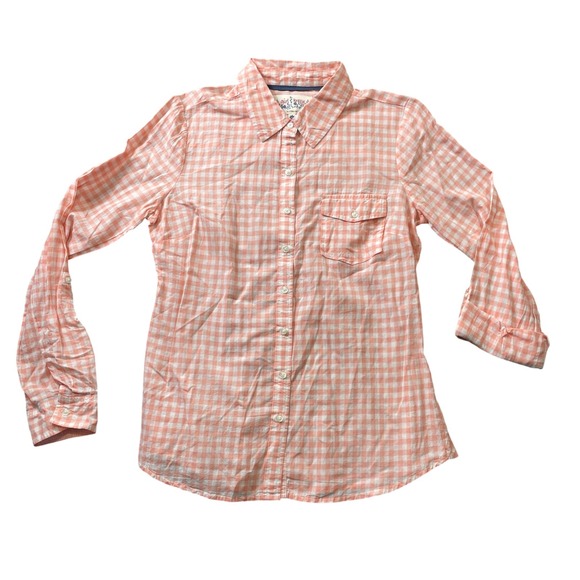 girl krazy Tops - Girl Krazy Large Orange Check Blousr Roll Tab Sleeve 100% Cotton